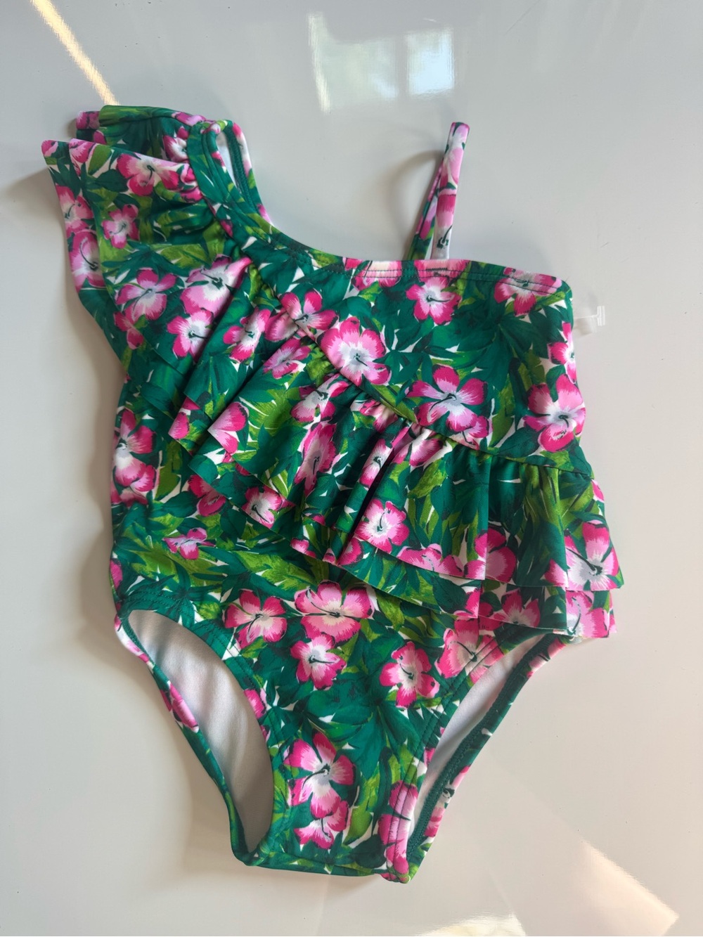 Janie and Jack Pink & Green Floral Ruffle One-Piece Swimsuit